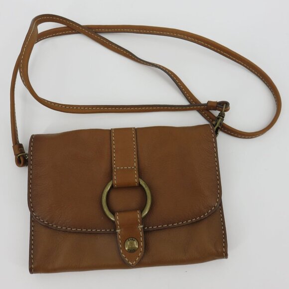 Frye Brown Leather Ring Flap Front Crossbody Handbag Purse Bag Removable Strap - Picture 8 of 9